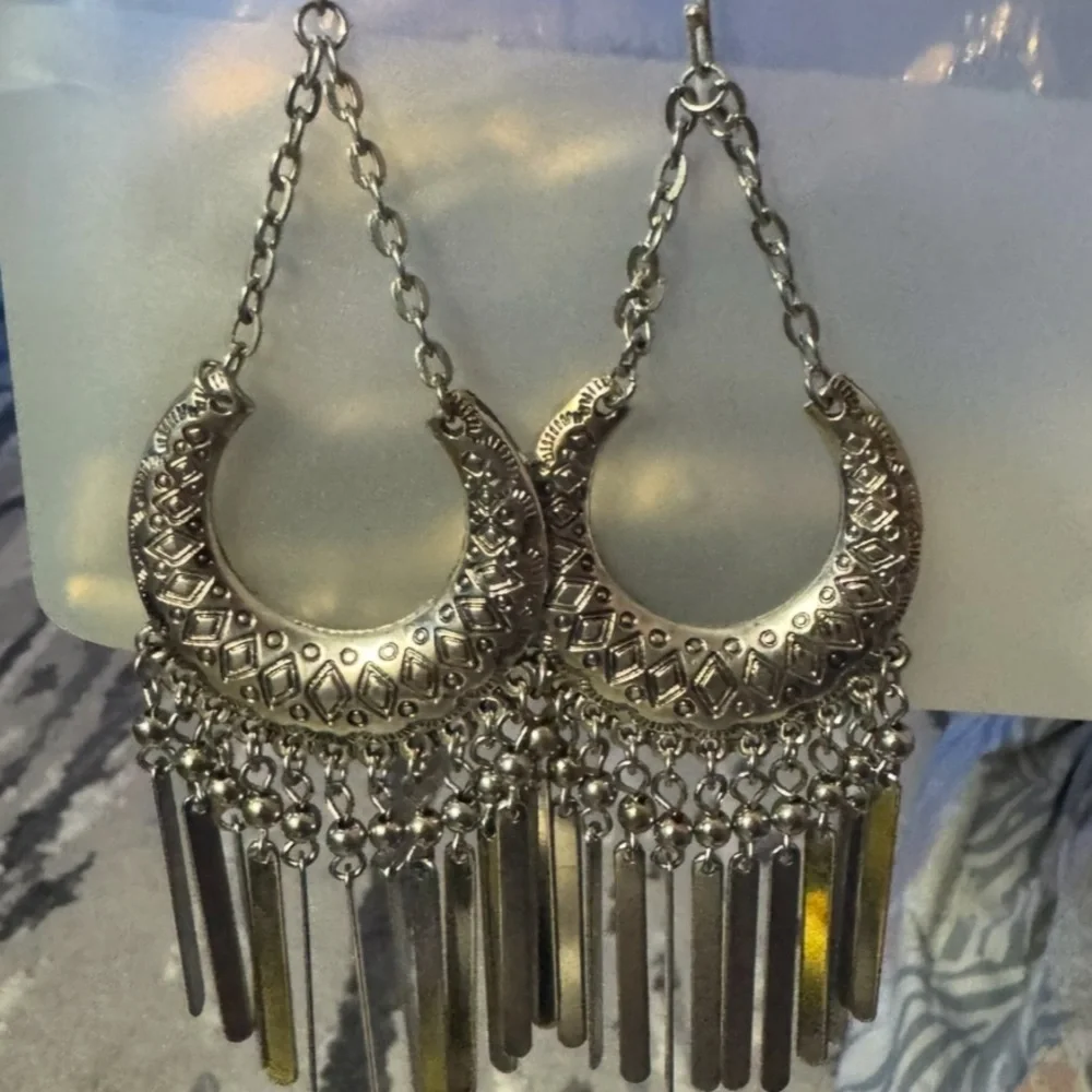 Chico's Silver Tone Crescent Dangle Earrings - Boho Chic Fringe
